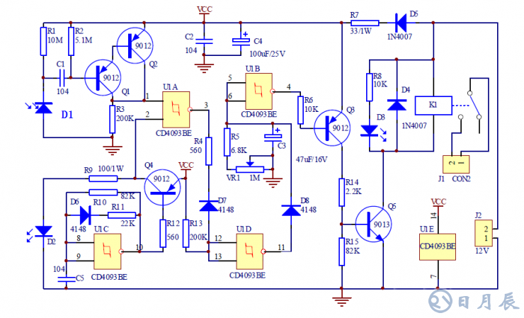 紅外接近開關(guān)電路 本例紅外接近開關(guān)電路是通過檢測發(fā)射的紅外線信號(hào)是否被發(fā)射來判斷前方是否有物體，從而控制繼電器的開關(guān)動(dòng)作來控制其它電路（本例省略）。.png