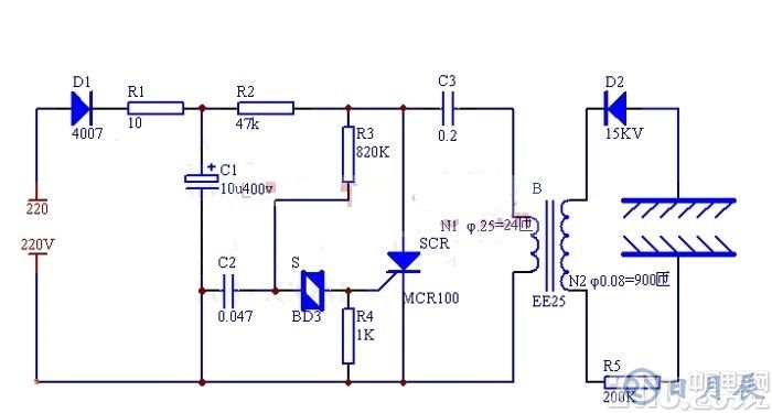 簡易制作負離子發(fā)生器電路圖