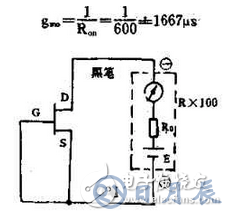 　萬用電表置R×1k檔，然后反復測試管子的三個電極，只要其中兩腳的正、反向測試電阻值相等，約為幾千歐姆時，這兩個極必定是漏、源極。當然為了驗證還得確定剩下那只腳是柵極，該腳對漏、源極中任一腳的正、反向電阻應是不一樣大的（PN結），若—樣，說明該管是壞的。